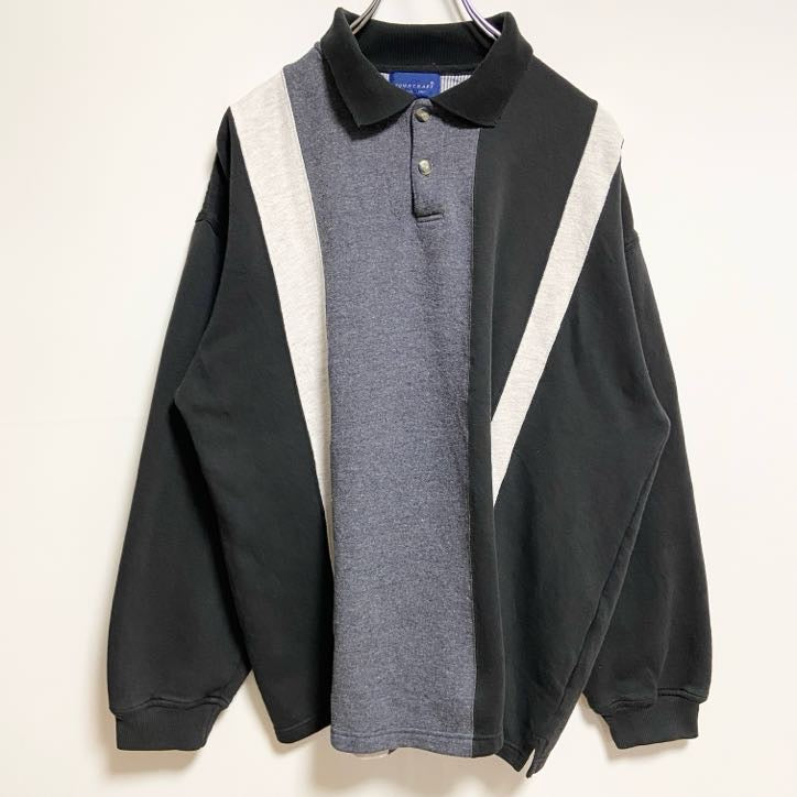 ～80s　TOWNCRAFT　タウンクラフト　長袖切り替えポロシャツ　黒　白　グレー　ヴィンテージ　Lサイズ