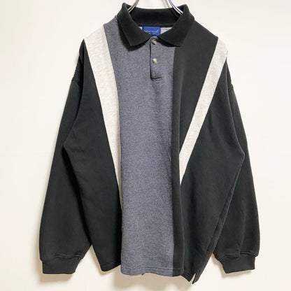 ～80s　TOWNCRAFT　タウンクラフト　長袖切り替えポロシャツ　黒　白　グレー　ヴィンテージ　Lサイズ