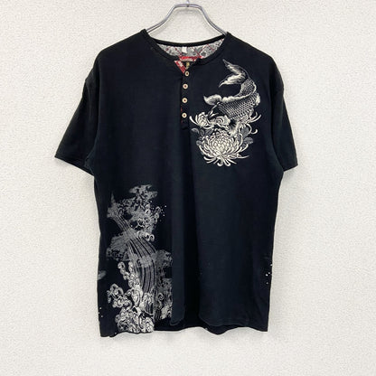 雅結　ミヤビムスビ　半袖ヘンリーネックTシャツ　和柄　黒　ブラック　2XLサイズ