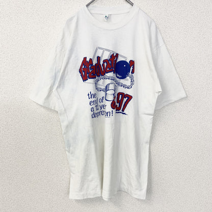 古着 used　半袖プリントTシャツ　90s　シングルステッチ　ヴィンテージ　クルーネック　レトロ　白　ホワイト　XLサイズ