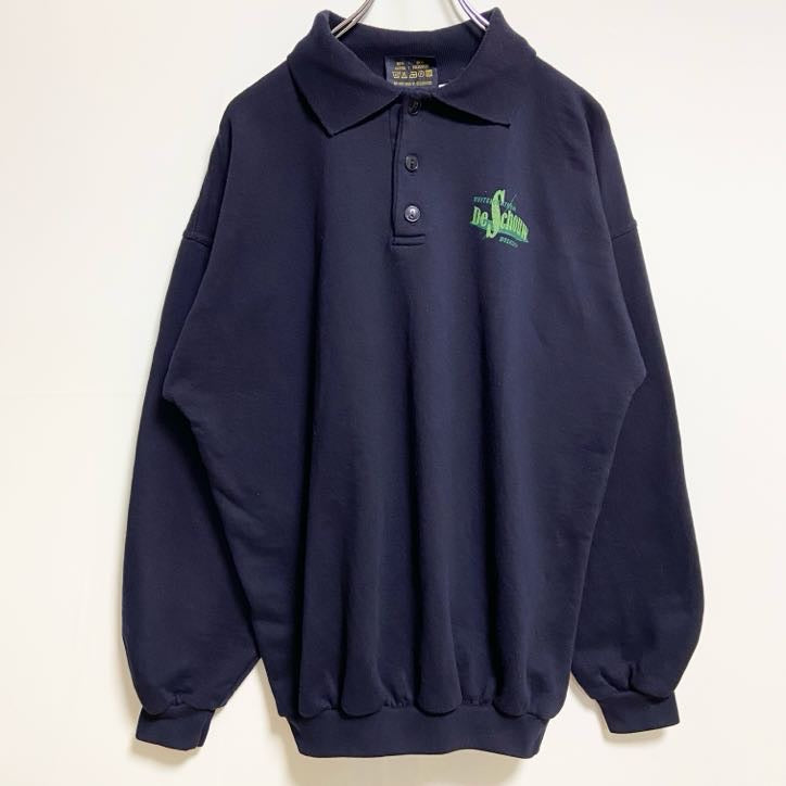 古着 used　BESCO　長袖ロゴプリントポロシャツ　BOSKOOP　ネイビー　秋冬服　ビッグシルエット　XLサイズ