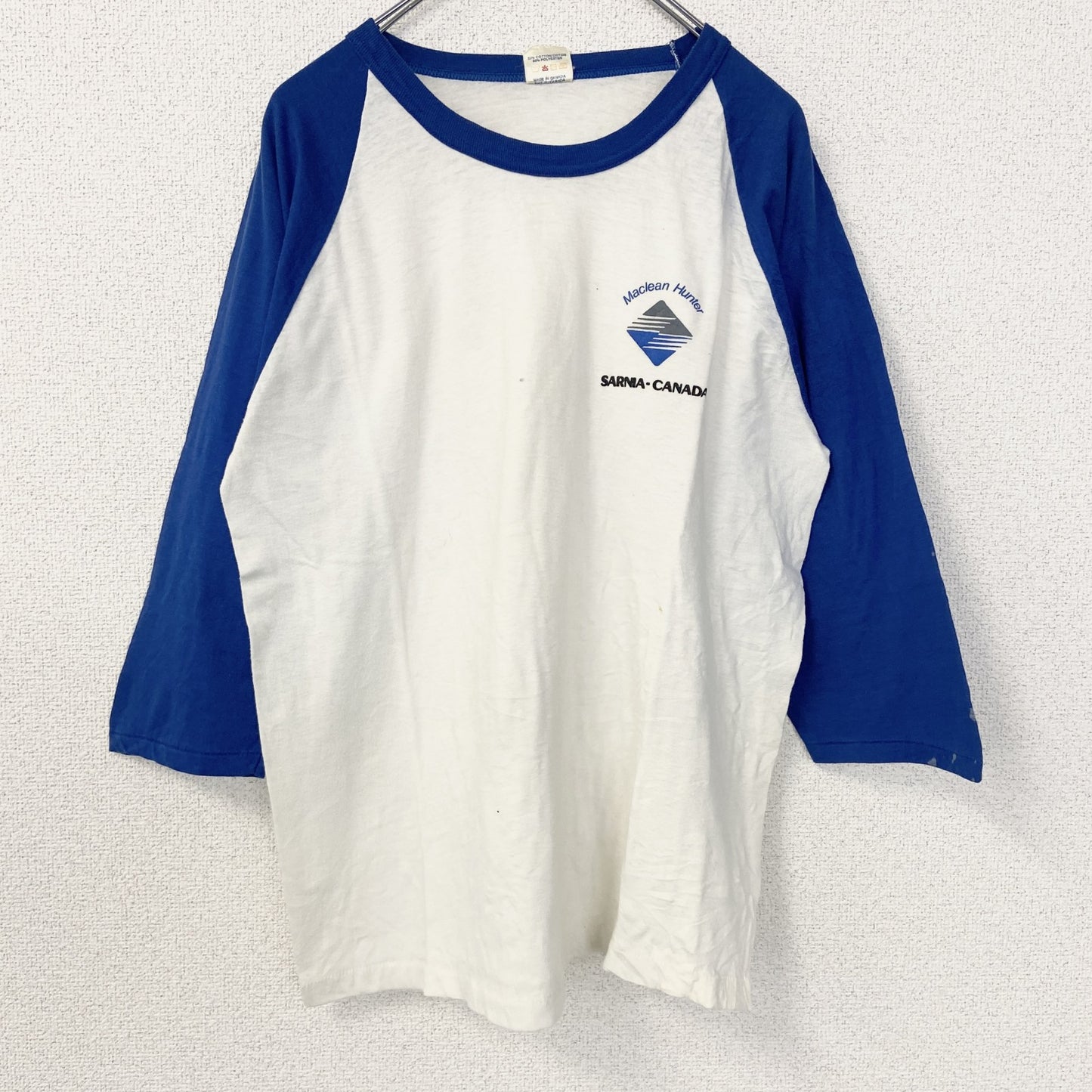 古着 used　半袖プリントTシャツ　90s　シングルステッチ　ラグラン　クルーネック　レトロ　白　青　ホワイト　Mサイズ