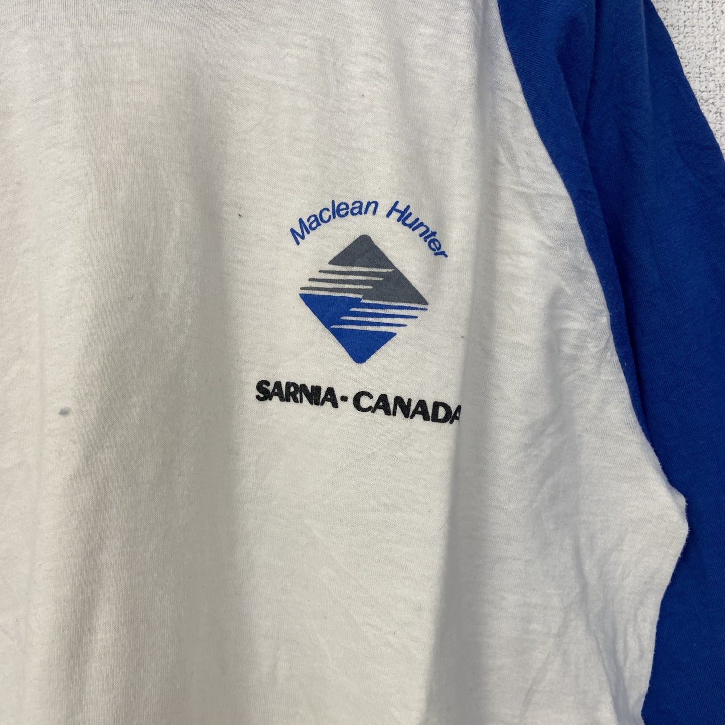 古着 used　半袖プリントTシャツ　90s　シングルステッチ　ラグラン　クルーネック　レトロ　白　青　ホワイト　Mサイズ