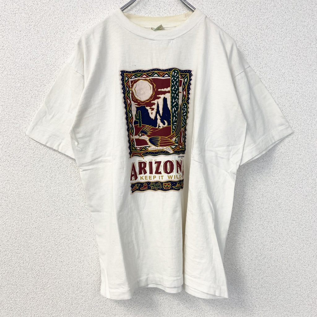 古着 used　半袖プリントTシャツ　90s　ARIZONA　シングルステッチ　クルーネック　レトロ　白　青　ホワイト　Lサイズ