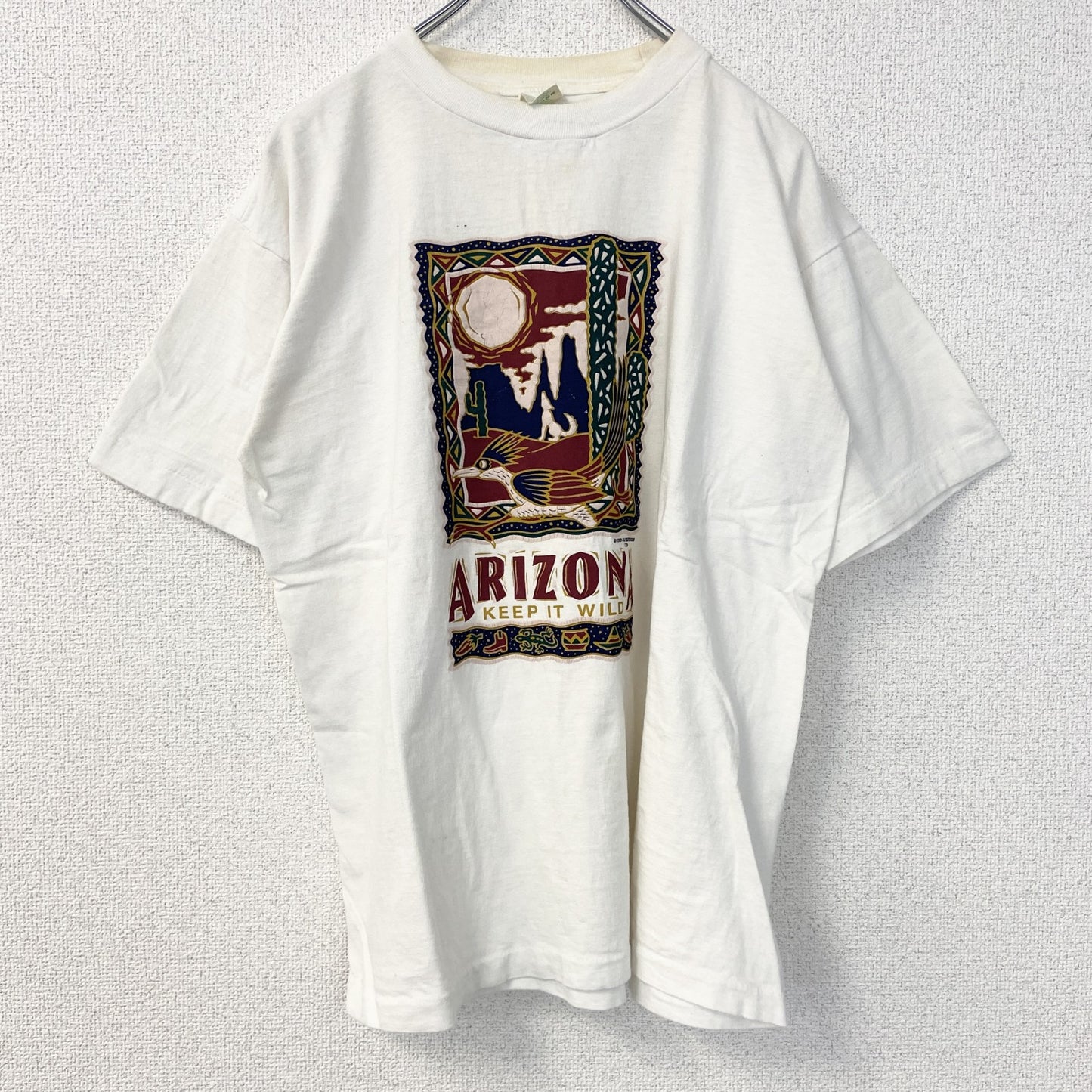 古着 used　半袖プリントTシャツ　90s　ARIZONA　シングルステッチ　クルーネック　レトロ　白　青　ホワイト　Lサイズ