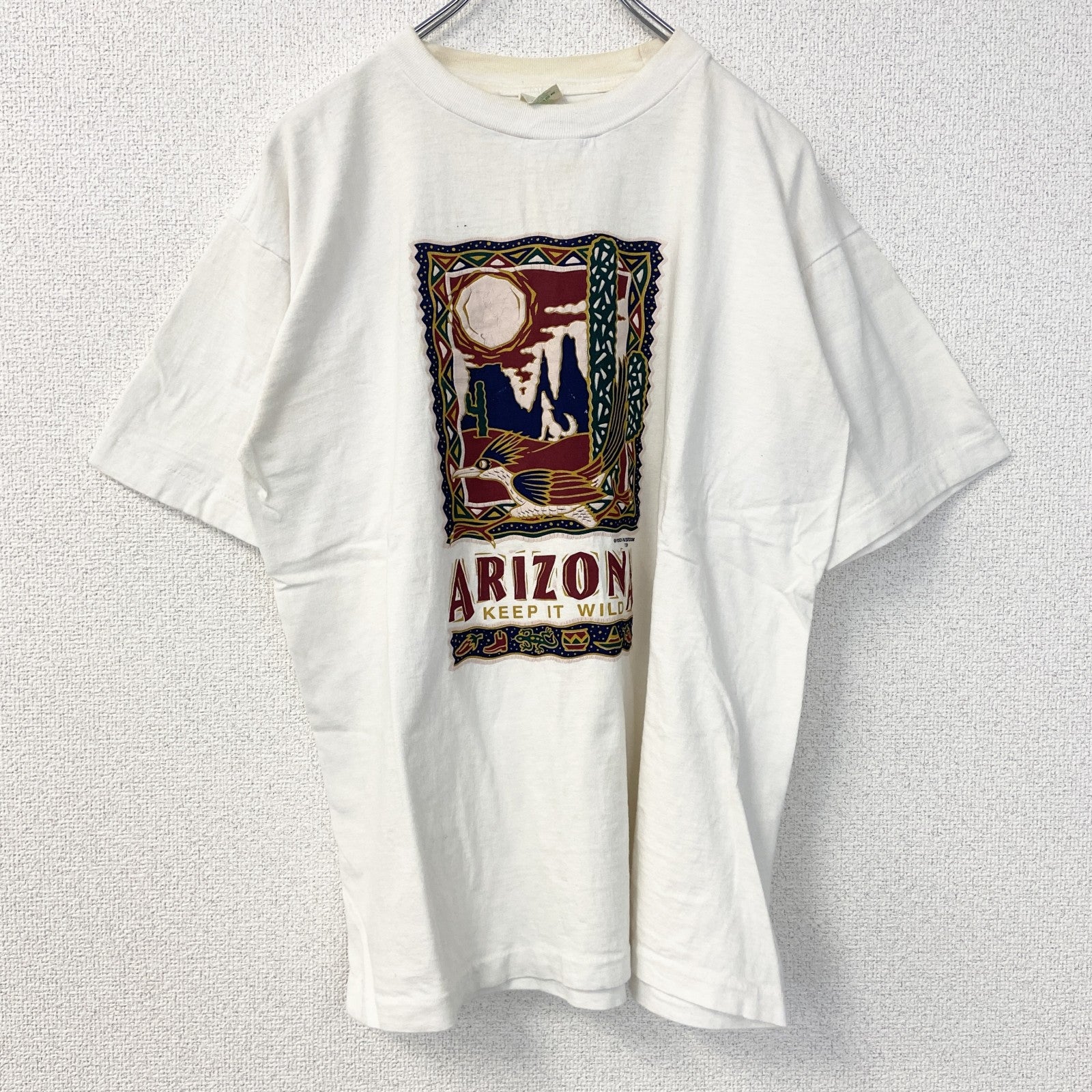 古着 used　半袖プリントTシャツ　90s　ARIZONA　シングルステッチ　クルーネック　レトロ　白　青　ホワイト　Lサイズ