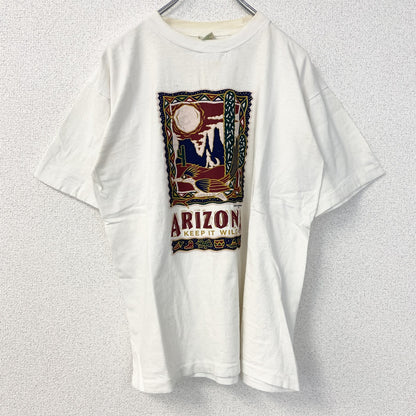 古着 used　半袖プリントTシャツ　90s　ARIZONA　シングルステッチ　クルーネック　レトロ　白　青　ホワイト　Lサイズ