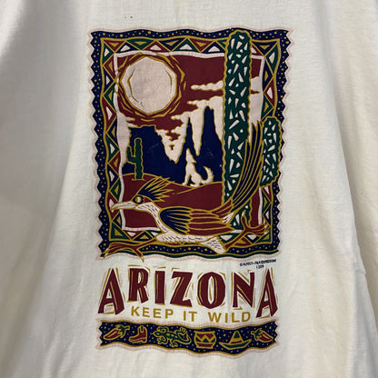 古着 used　半袖プリントTシャツ　90s　ARIZONA　シングルステッチ　クルーネック　レトロ　白　青　ホワイト　Lサイズ
