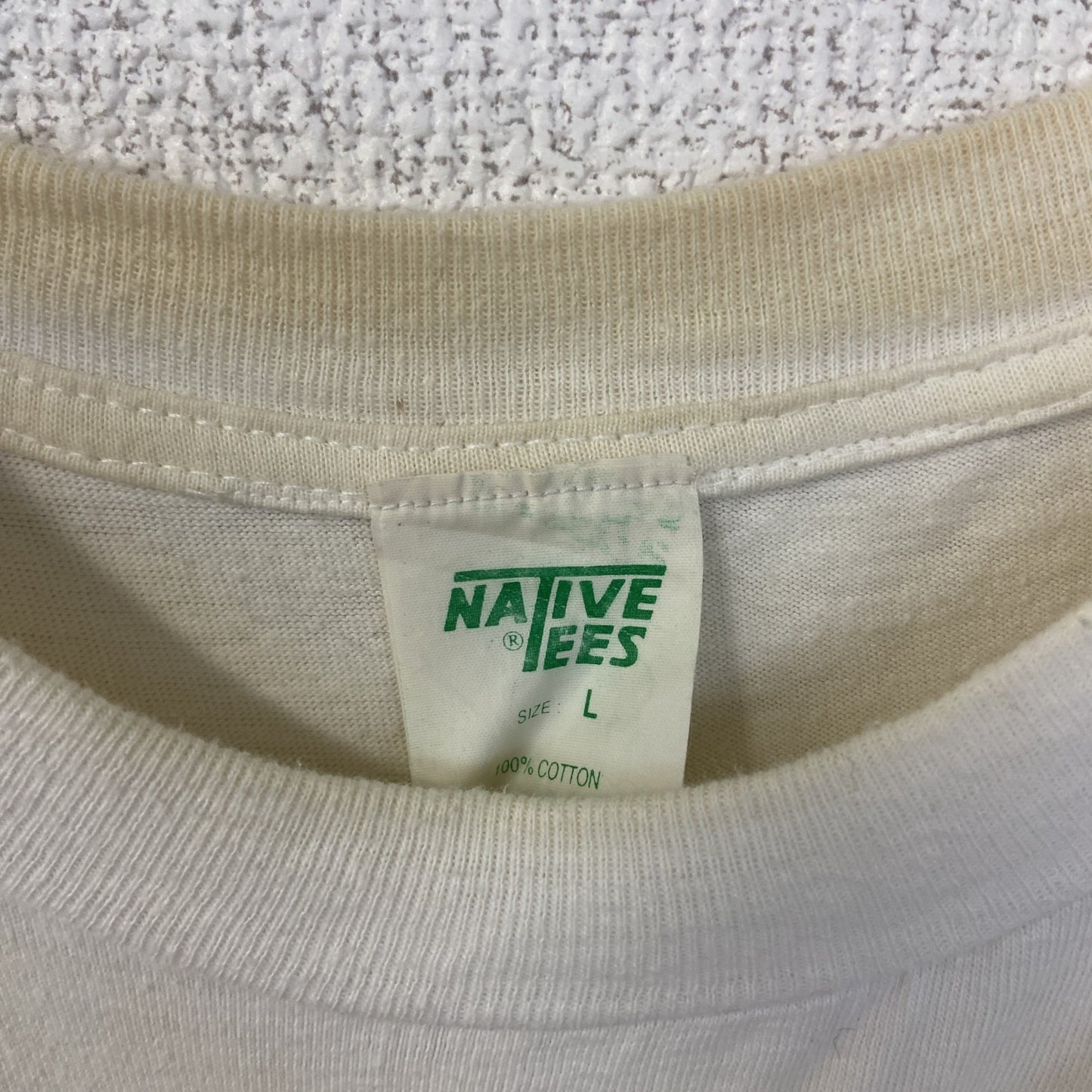 古着 used　半袖プリントTシャツ　90s　ARIZONA　シングルステッチ　クルーネック　レトロ　白　青　ホワイト　Lサイズ