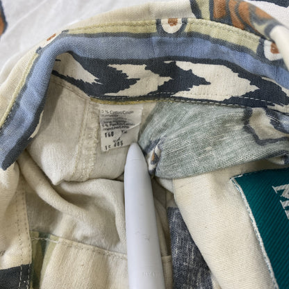 古着 used　半袖プリント総柄シャツ　レトロデザイン　胸ポケット　幾何学模様　個性的　白　ホワイト　2XLサイズ