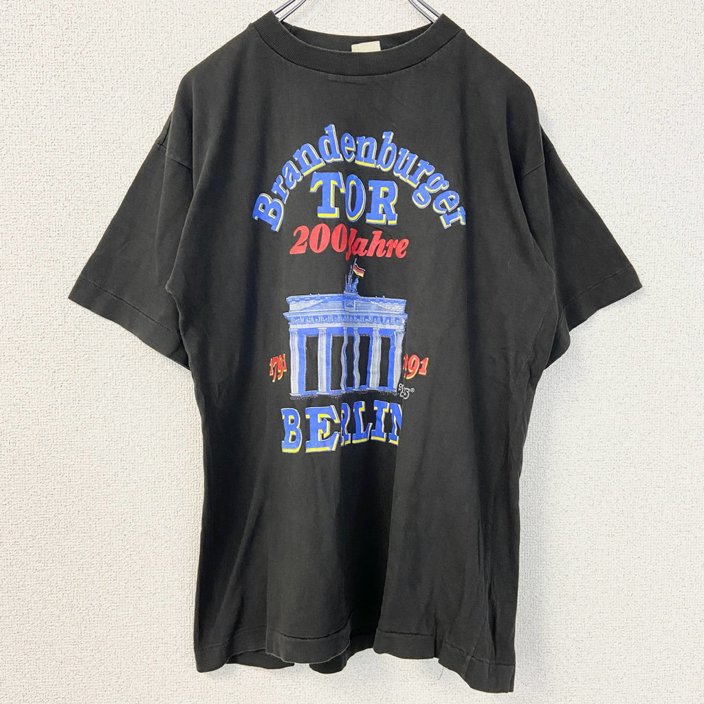 古着 used　半袖プリントTシャツ　90s　BERLIN　シングルステッチ　クルーネック　レトロ　黒　ブラック　XLサイズ