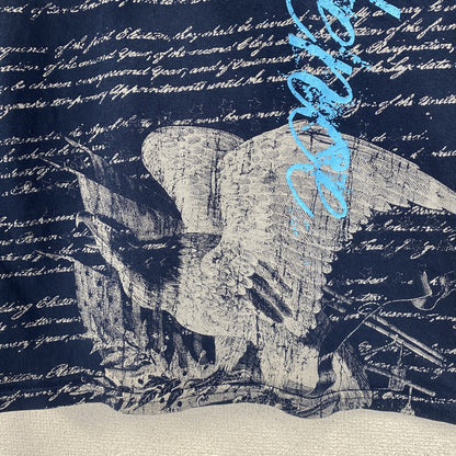 古着 used　GILDAN　半袖ロゴプリントＴシャツ　英字　筆記体　アメリカ国旗　鷲　レトロデザイン　クルーネック　Lサイズ