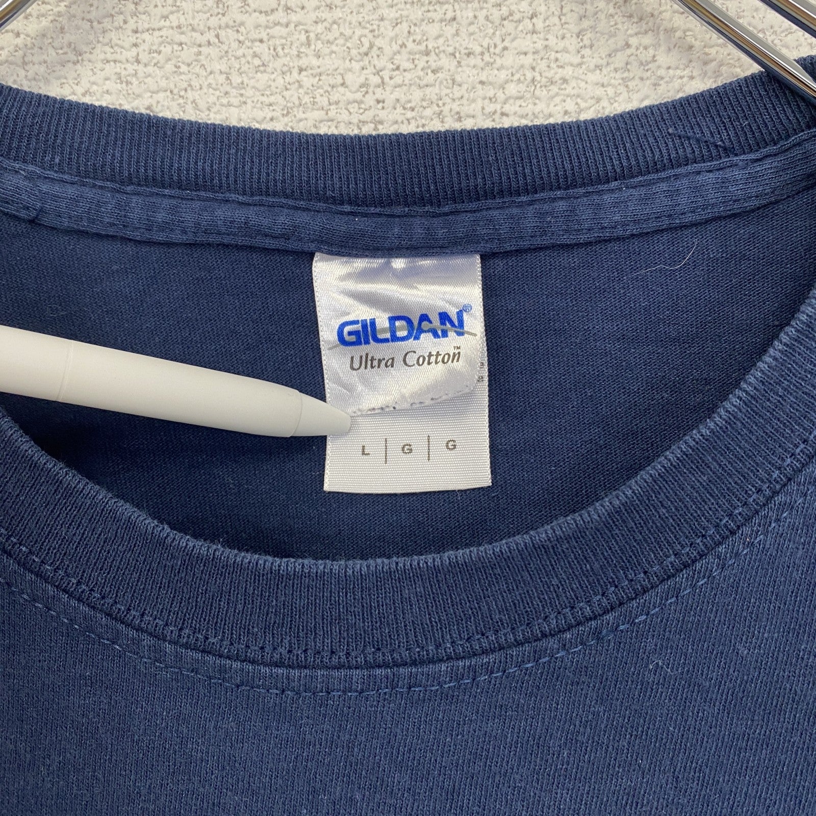 古着 used　GILDAN　半袖ロゴプリントＴシャツ　英字　筆記体　アメリカ国旗　鷲　レトロデザイン　クルーネック　Lサイズ