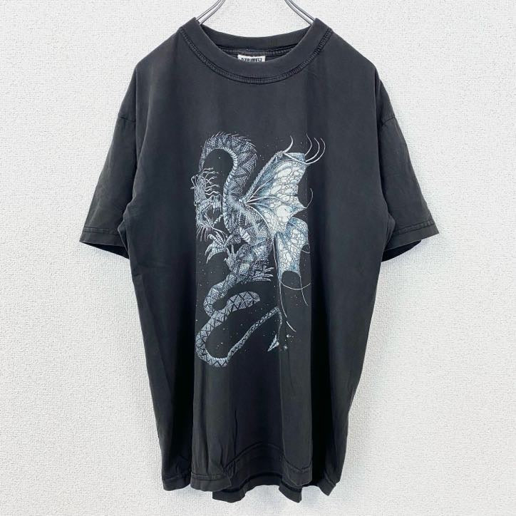古着 used　半袖プリントTシャツ　黒　ブラック　ドラゴン　龍　クルーネック　フェード　オーバーサイズ　y2k　XLサイズ