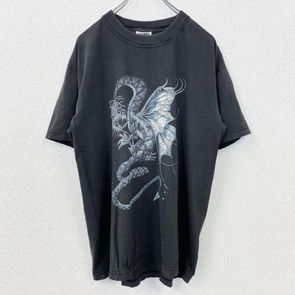 古着 used　半袖プリントTシャツ　黒　ブラック　ドラゴン　龍　クルーネック　フェード　オーバーサイズ　y2k　XLサイズ