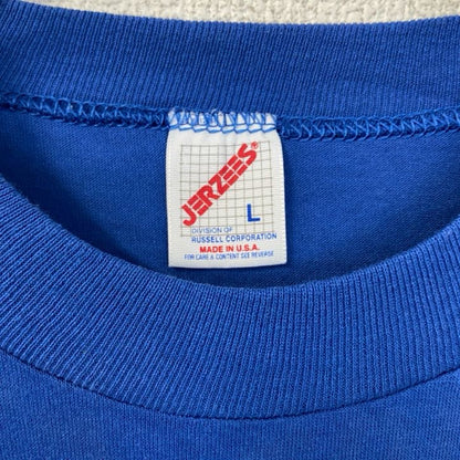 古着 used　JERZEES　半袖プリントTシャツ　90s　シングルステッチ　クルーネック　レトロデザイン　青　ブルー　Lサイズ
