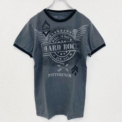 古着 used　Hard Rock CAFE　ハードロックカフェ　半袖リンガーTシャツ　ロゴプリント　灰色　グレー　Sサイズ
