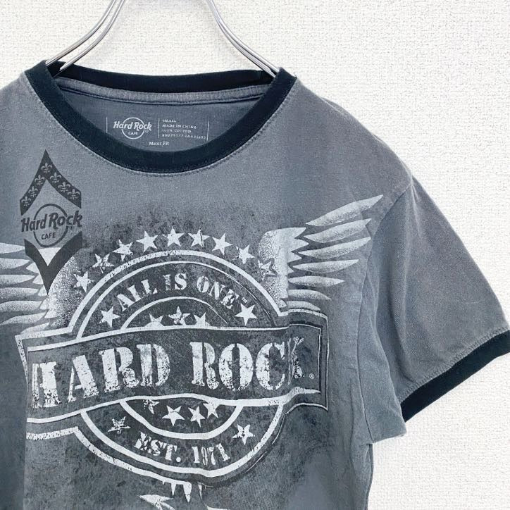 古着 used　Hard Rock CAFE　ハードロックカフェ　半袖リンガーTシャツ　ロゴプリント　灰色　グレー　Sサイズ