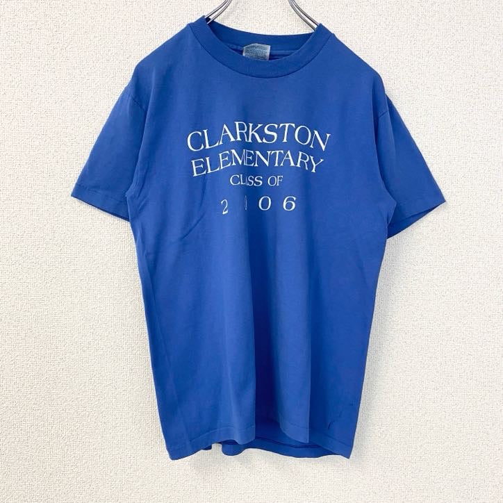 古着 used　Hanes　半袖プリントTシャツ　90s　シングルステッチ　クルーネック　レトロデザイン　青　ブルー　Lサイズ