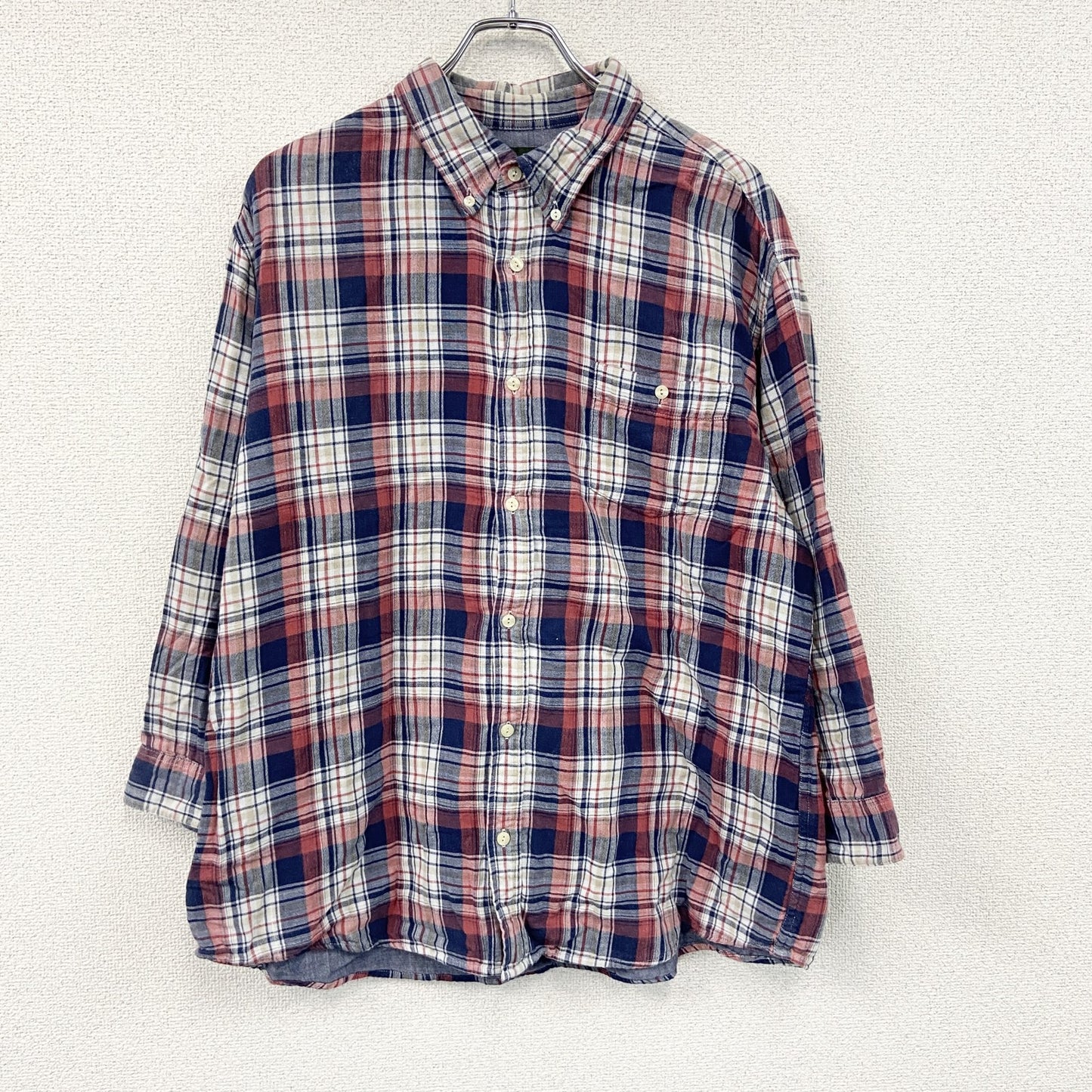Eddie Bauer　エディーバウアー　長袖ボタンダウンシャツ　チェック柄　マルチカラー　赤　レッド　紺　ネイビー　XLサイズ