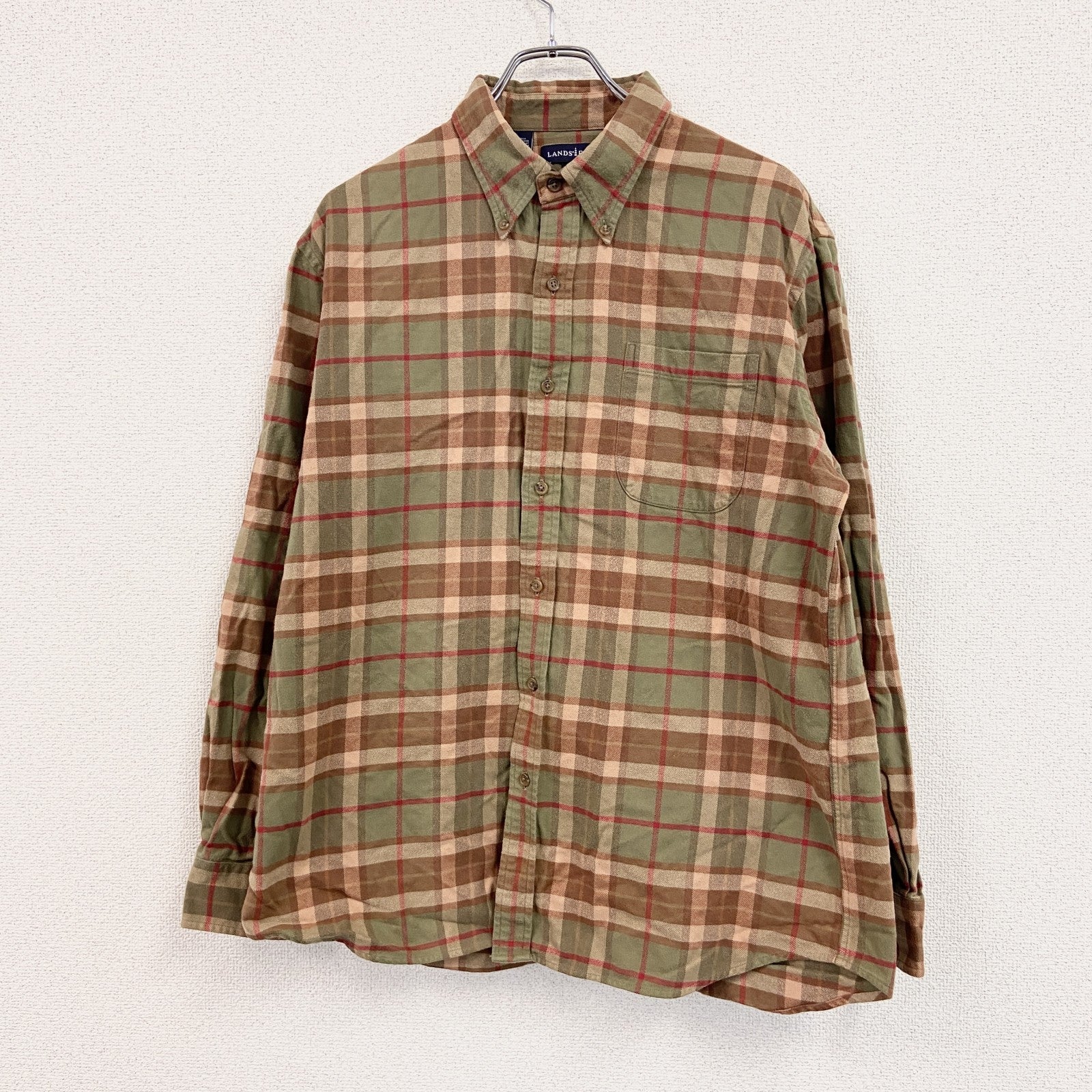 LANDS’END　ランズエンド　長袖シャツ　ボタンダウンシャツ　チェック柄　グリーン　オレンジ　XLサイズ