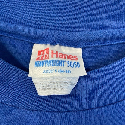 古着 used　Hanes　半袖プリントTシャツ　90s　シングルステッチ　クルーネック　レトロデザイン　青　ブルー　Lサイズ