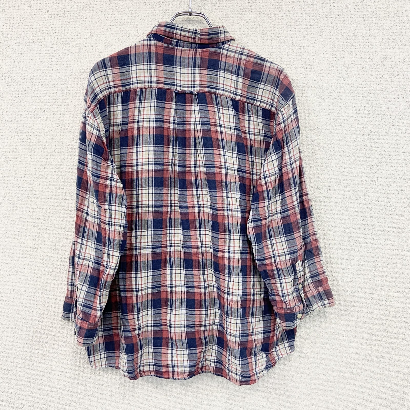Eddie Bauer　エディーバウアー　長袖ボタンダウンシャツ　チェック柄　マルチカラー　赤　レッド　紺　ネイビー　XLサイズ