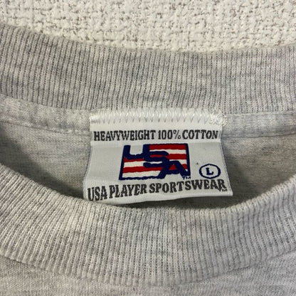 古着 used　半袖カレッジ刺繍Tシャツ　90s　シングルステッチ　ヴィンテージ　クルーネック　レトロデザイン　グレー　Lサイズ