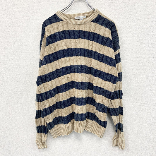 ～90s　GEOFFREY BEENE　コットンニットセーター　総柄　ヴィンテージ　ボーダー　ベージュ　紺　ネイビー　XLサイズ