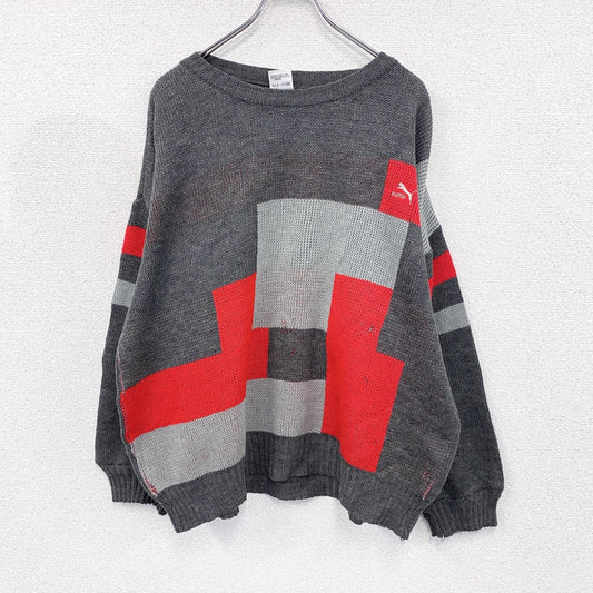 80s　PUMA　プーマ　ウールニットセーター　ヴィンテージ　グレー　赤　レッド　8サイズ