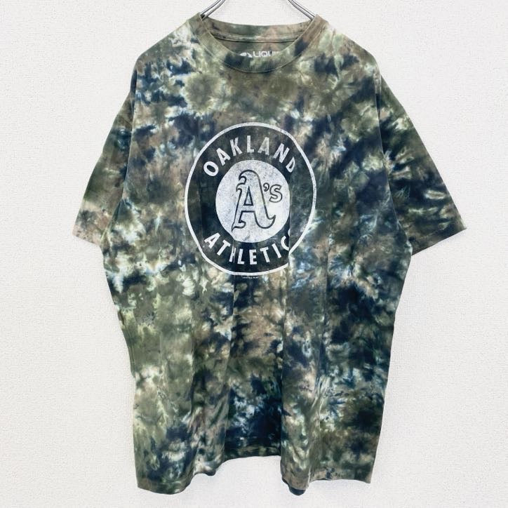 古着 used　半袖ロゴプリントTシャツ　アスレチックス　プロ野球　ATH　MLB　タイダイ　グリーン　XLサイズ