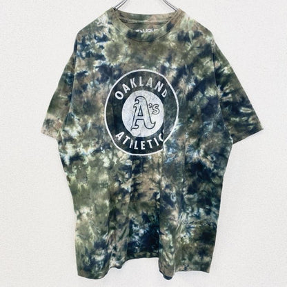 古着 used　半袖ロゴプリントTシャツ　アスレチックス　プロ野球　ATH　MLB　タイダイ　グリーン　XLサイズ