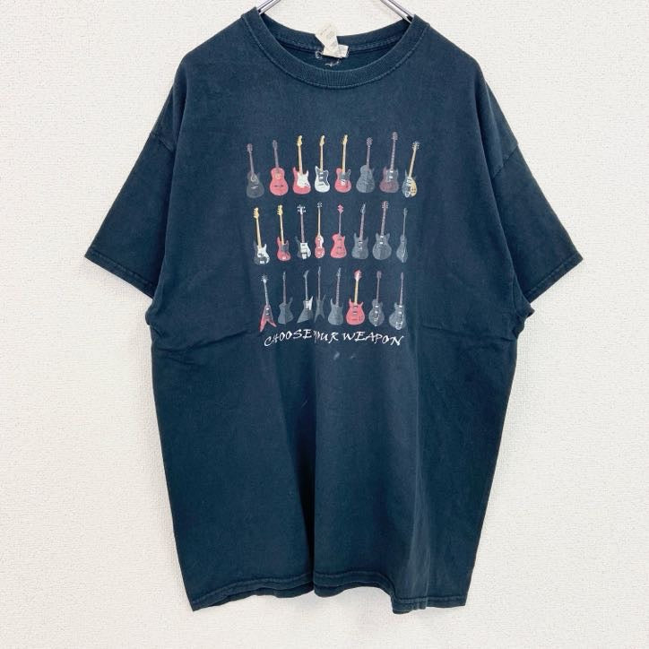 古着 used　半袖プリントTシャツ　レトロデザイン　クルーネック　バンド　ギター　楽器　黒　ブラック　XLサイズ