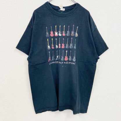 古着 used　半袖プリントTシャツ　レトロデザイン　クルーネック　バンド　ギター　楽器　黒　ブラック　XLサイズ