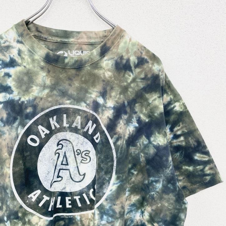 古着 used　半袖ロゴプリントTシャツ　アスレチックス　プロ野球　ATH　MLB　タイダイ　グリーン　XLサイズ