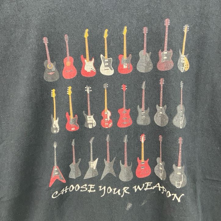 古着 used　半袖プリントTシャツ　レトロデザイン　クルーネック　バンド　ギター　楽器　黒　ブラック　XLサイズ