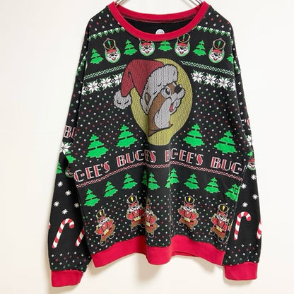 古着 used　BUC-EES　バッキーズ　長袖総柄キャラクタープリントスウェット　トレーナー　クリスマス　サンタ　黒　XLサイズ