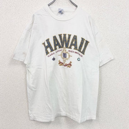 古着 used　Hanes　半袖プリントTシャツ　HAWAII　レトロ　クルーネック　シングルステッチ　白　ホワイト　XLサイズ