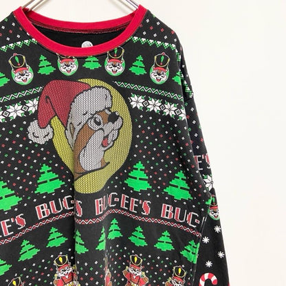古着 used　BUC-EES　バッキーズ　長袖総柄キャラクタープリントスウェット　トレーナー　クリスマス　サンタ　黒　XLサイズ