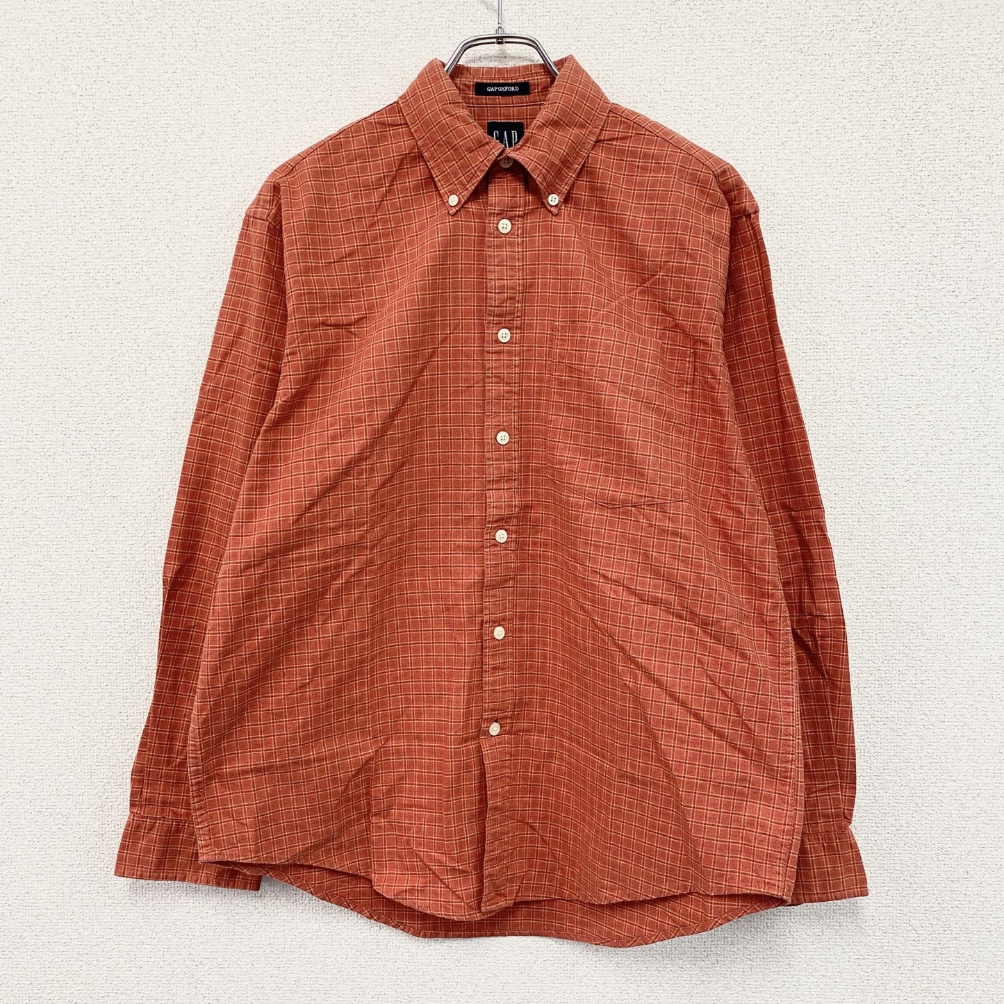 GAP　ギャップ　長袖ボタンダウンシャツ　オックスフォードシャツ　チェック柄　オレンジ　XSサイズ