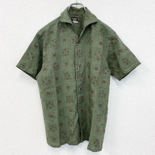 古着 used　半袖総柄シャツ　胸ポケット　個性的　幾何学模様　深緑色　ディープグリーン　レトロデザイン　Mサイズ