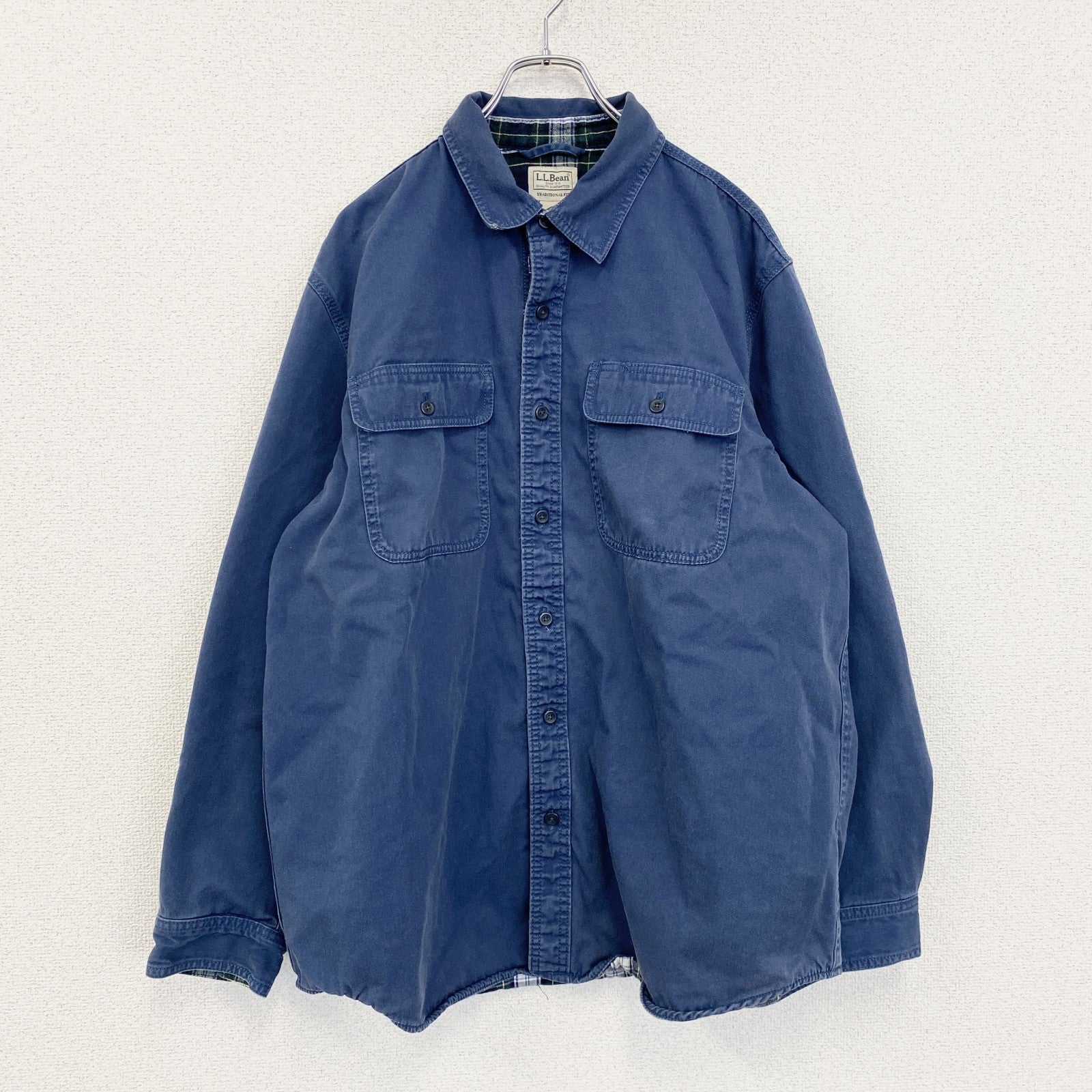 古着 used　L.L.Bean　エルエルビーン 　長袖ワークシャツジャケット　ネイビー　コットン　裏地チェック　Lサイズ