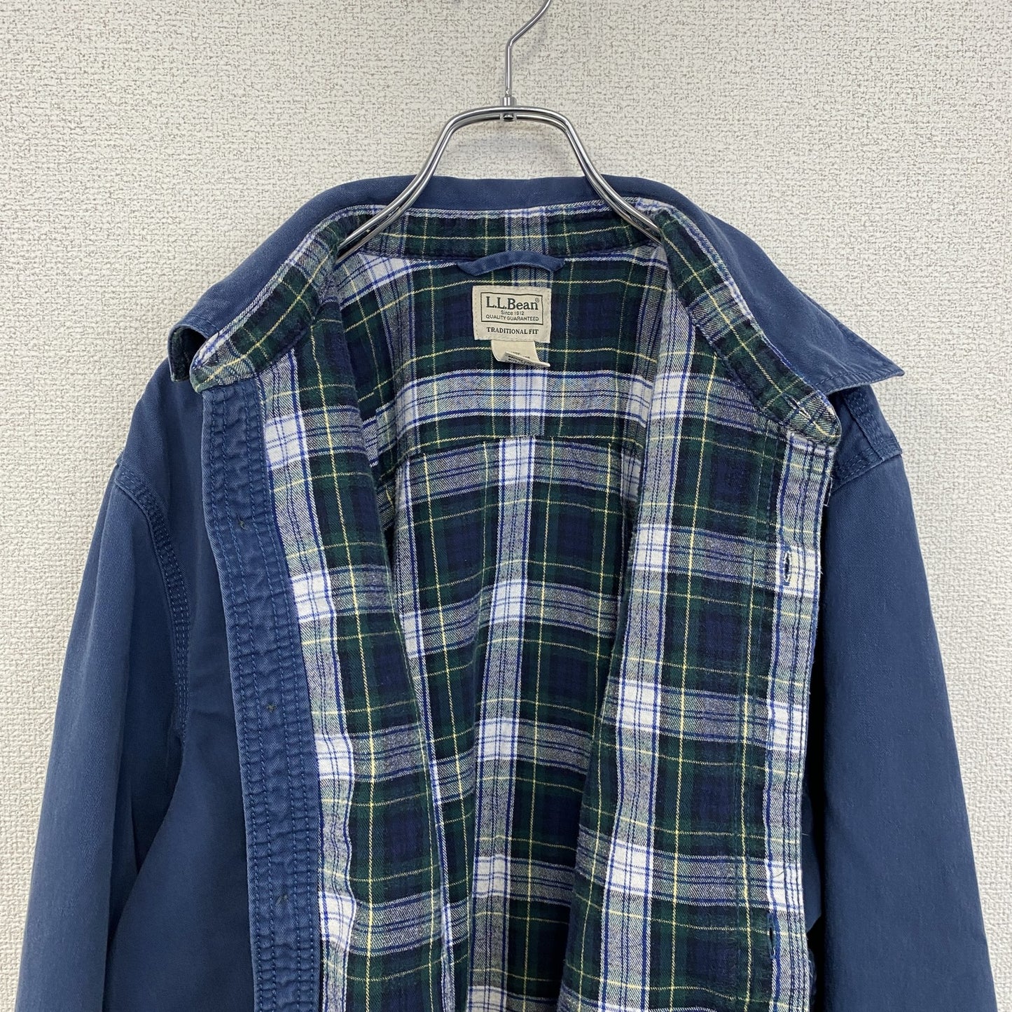 古着 used　L.L.Bean　エルエルビーン 　長袖ワークシャツジャケット　ネイビー　コットン　裏地チェック　Lサイズ