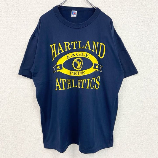 古着 used　RUSSELL　ラッセル　半袖プリントTシャツ　レトロ　クルーネック　シングルステッチ　ネイビー　XLサイズ