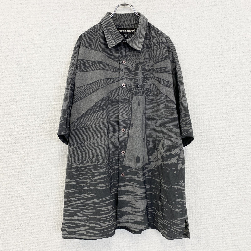 古着 used　OUTKAST　半袖総柄シャツ　レトロデザイン　幾何学模様　個性的　アート　グレー　XXLサイズ
