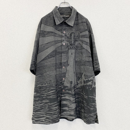 古着 used　OUTKAST　半袖総柄シャツ　レトロデザイン　幾何学模様　個性的　アート　グレー　XXLサイズ