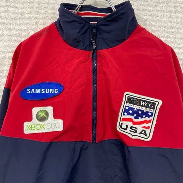 ～90s　GAME　SPORTSWEAR LTD　ハーフジップナイロンプルオーバー　星条旗　ヴィンテージ　レッド　ネイビー　Lサイズ