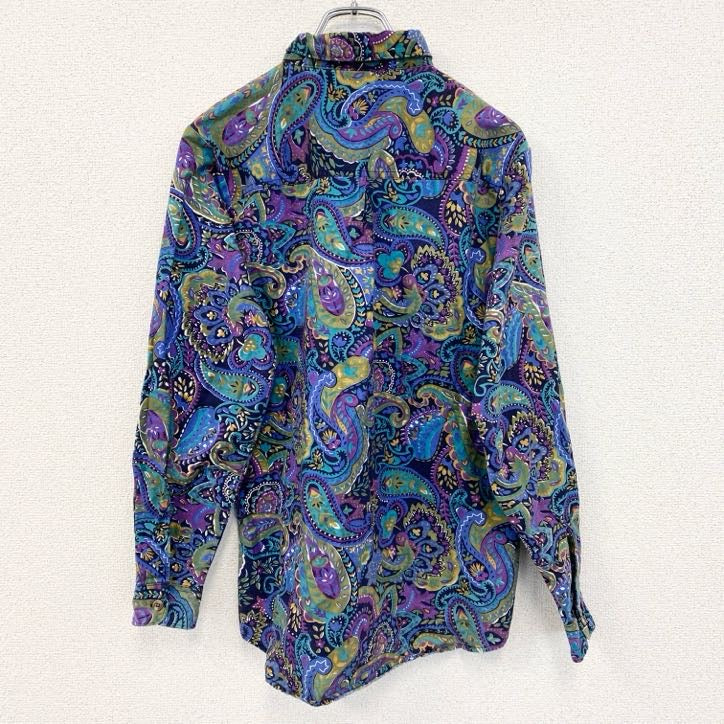 古着 used　長袖プリント総柄シャツ　レトロデザイン　胸ポケット　アート　カラフル　紫　パープル　ペイズリー　Lサイズ