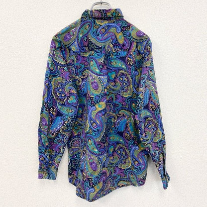 古着 used　長袖プリント総柄シャツ　レトロデザイン　胸ポケット　アート　カラフル　紫　パープル　ペイズリー　Lサイズ