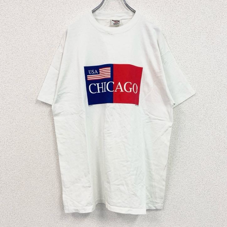 古着 used　半袖プリントTシャツ　90s　CHIKAGO　USA　クルーネック　シングルステッチ　白　ホワイト　XLサイズ